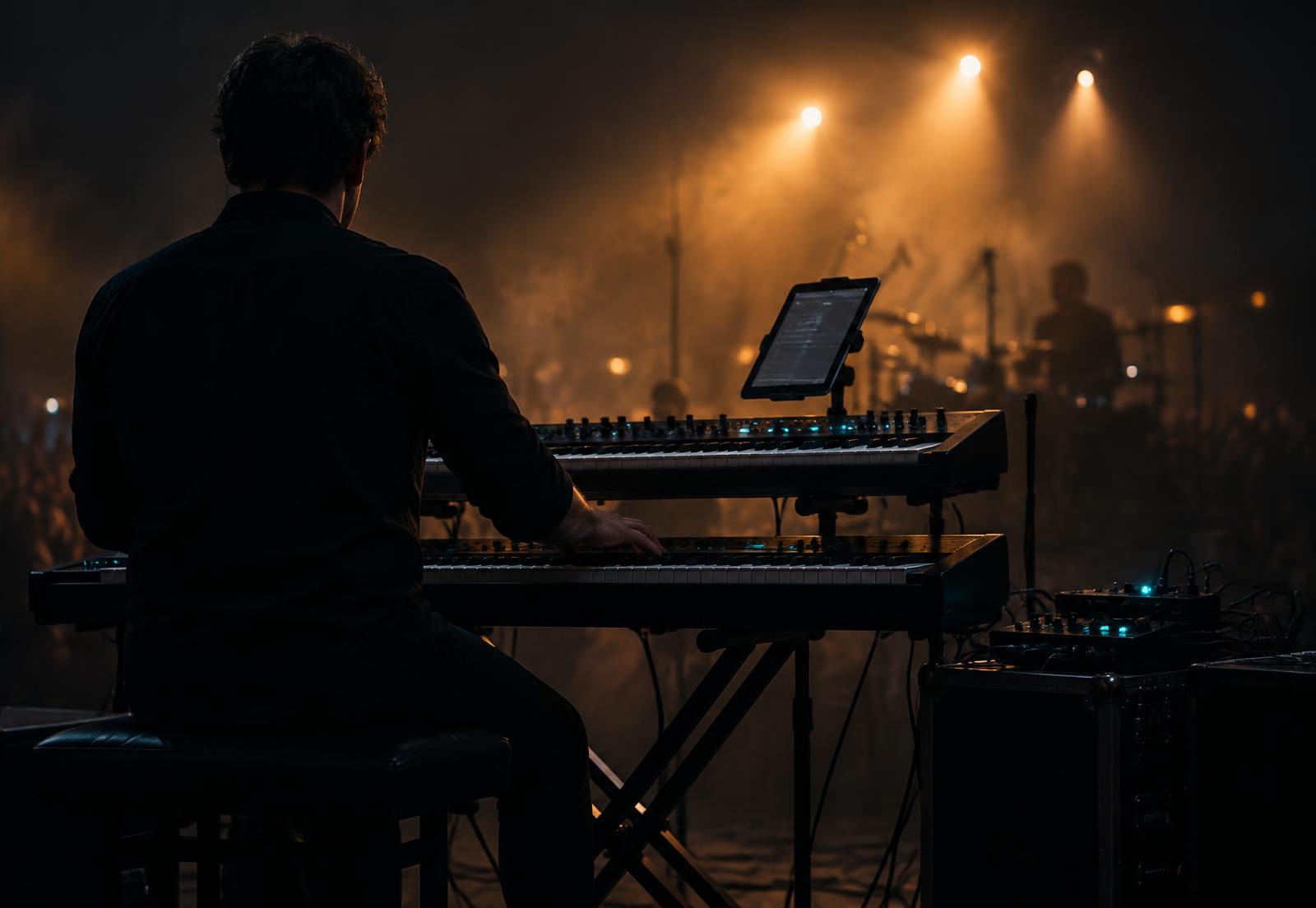 Tecladista de costas em um palco escuro com dois teclados empilhados e um iPad acima das teclas